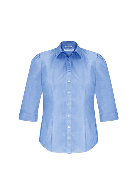 Ladies Euro 3/4 sleeve shirt in blue, size 24, featuring striped fabric and feminine gathered details for stylish versatility.