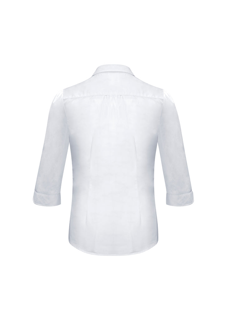Stylish Ladies Euro 3/4 sleeve white shirt in size 26, featuring gathered details and a curved hem for versatile wear.