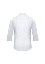Ladies Euro 3/4 Sleeve Shirt in white, size 8, featuring feminine gathers and easy-care fabric for style and comfort.