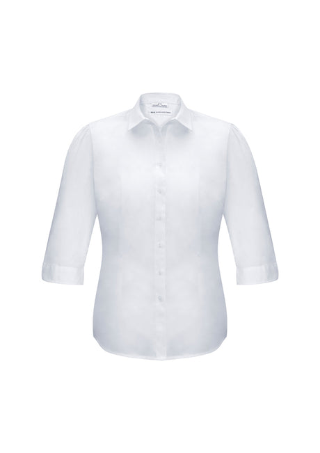 Elegant Ladies Euro 3/4 Sleeve Shirt in White, Size 18, featuring gathered details and a flattering curved hem for versatile styling.