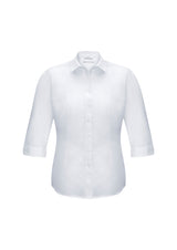 Ladies Euro 3/4 Sleeve Shirt in white, size 22, featuring gathered details, curved hem, and UPF protection for stylish comfort.
