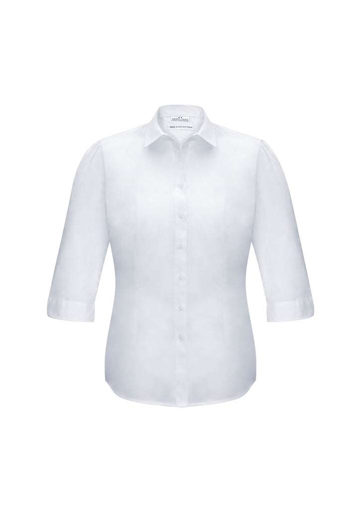 Ladies Euro 3/4 Sleeve Shirt in white, size 12, featuring gathered details and a versatile curved hem for elegant styling.