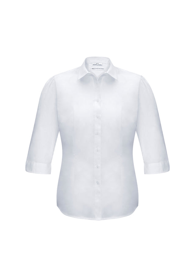 Ladies Euro 3/4 Sleeve Shirt in white, size 12, featuring gathered details and a versatile curved hem for elegant styling.