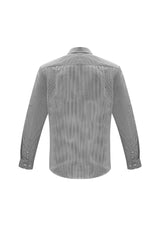 Mens 5XL Euro Long Sleeve Shirt in black, featuring yarn-dyed stripes, modern collar, and curved hem for versatile wear.
