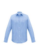Men's Euro Long Sleeve Shirt in blue, size 3XL, featuring a modern collar, chest pocket, and versatile curved hem.