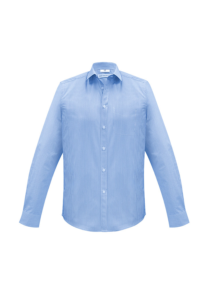 Mens Euro Long Sleeve Shirt in blue, size XS, features yarn dyed fine stripes, modern collar, and adjustable cuffs for a tailored fit.