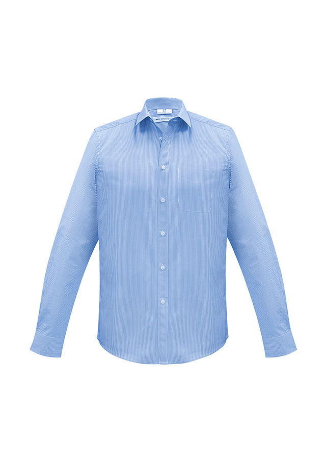 Mens Euro Long Sleeve Shirt in blue, 4XL size, featuring a modern collar, chest pocket, and easy-care fabric blend.