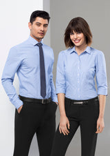 Ladies Euro 3/4 Sleeve Shirt in Black, Size 20, featuring gathered details and a chic curved hem for versatile styling.