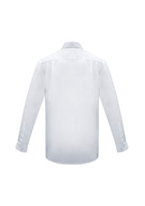 Mens Euro Long Sleeve Shirt in white, size M, featuring fine stripes, modern collar, chest pocket, and adjustable cuffs.