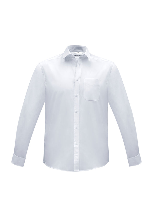 Men's Euro Long Sleeve Shirt in white, size 3XL, featuring a modern collar, chest pocket, and stylish curved hem.