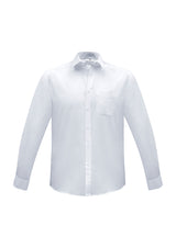 Mens Euro Long Sleeve Shirt in White, Size L by Biz Collection, featuring modern collar, chest pocket, and easy-care fabric.