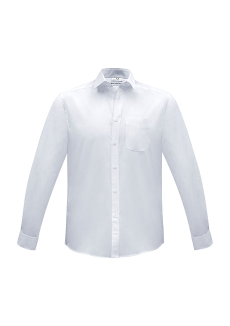 Mens Euro Long Sleeve Shirt in white, Size S, featuring a modern collar, chest pocket, and stylish curved hem for versatile wear.