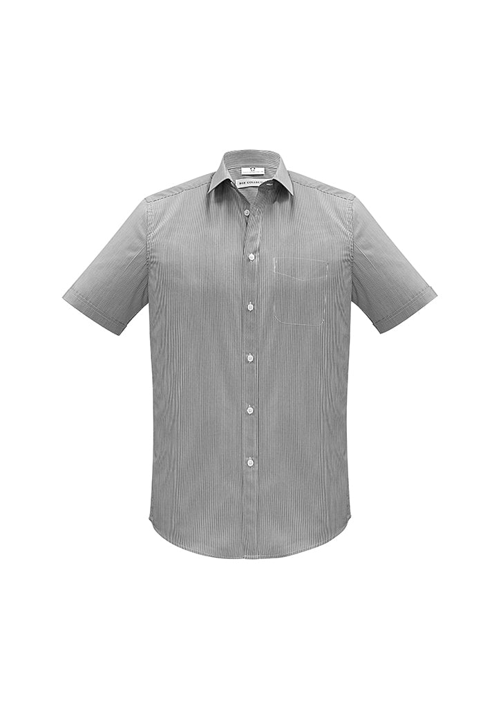 Men's Euro Short Sleeve Shirt in black, Size XS, featuring a modern collar, chest pocket, and curved hem for versatility.