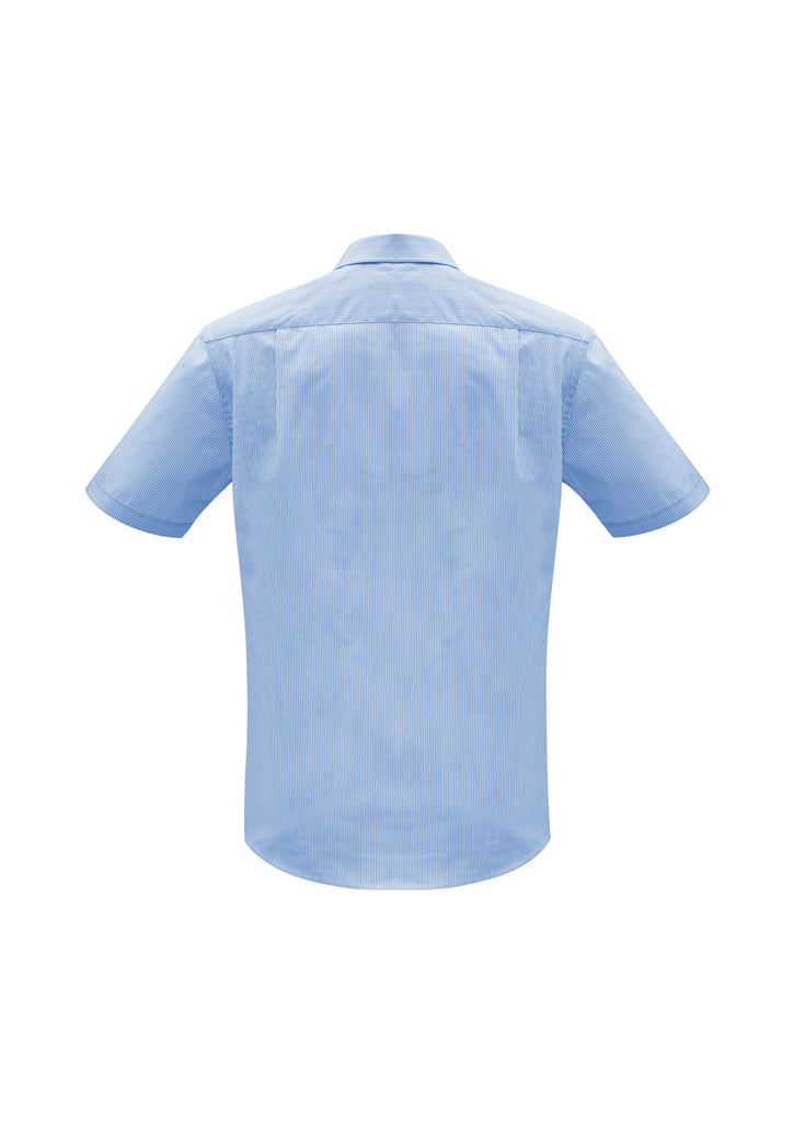 Men's Euro Short Sleeve Shirt in blue, Size S, featuring yarn dyed stripes, modern collar, chest pocket, and UPF protection.