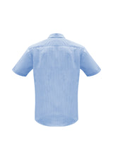 Men's Euro Short Sleeve Shirt in blue, size 3XL, featuring fine stripes, modern collar, chest pocket, and UPF protection.