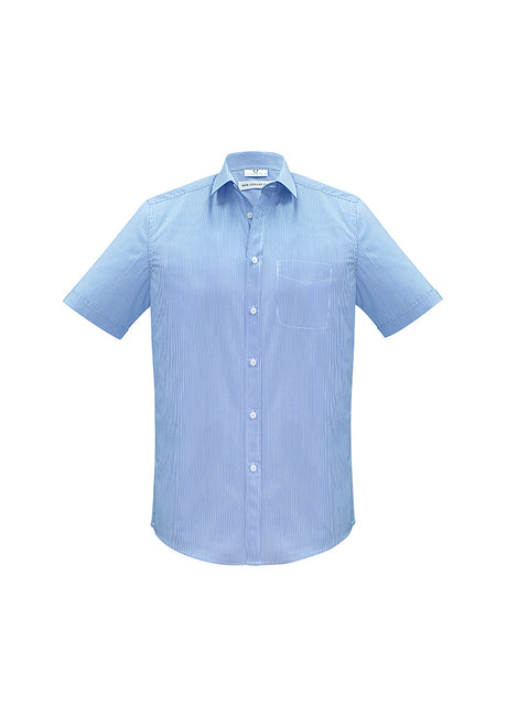 Blue Mens Euro Short Sleeve Shirt in size 5XL by Biz Collection, featuring modern collar, chest pocket, and fine stripe fabric.