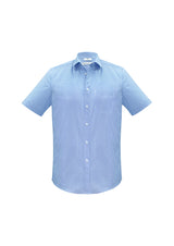 Men’s Euro Short Sleeve Shirt in blue, 2XL size, featuring a modern collar, chest pocket, and UPF protection for casual style.