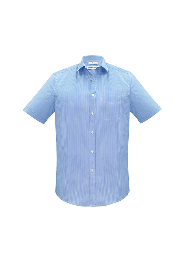 Mens Euro Short Sleeve Shirt in blue, size M, featuring a modern collar, chest pocket, and UPF protection for stylish comfort.