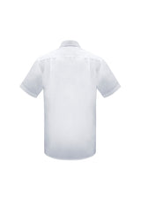 Men's Euro Short Sleeve Shirt in white, size L, featuring fine stripes, UPF protection, and a modern collar.