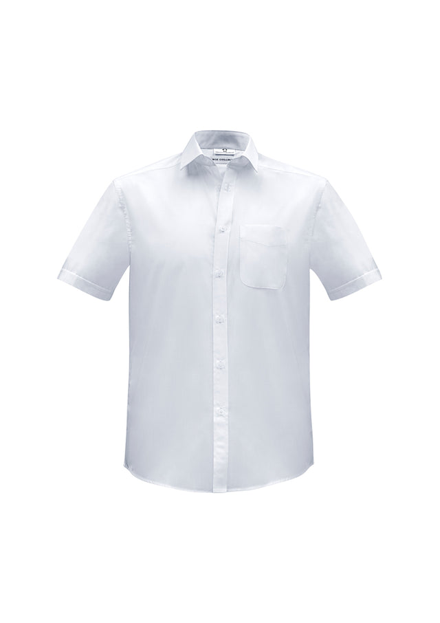 Mens Euro Short Sleeve Shirt in white, size XS, featuring a modern collar, tailored fit, and subtle yarn-dyed stripe.