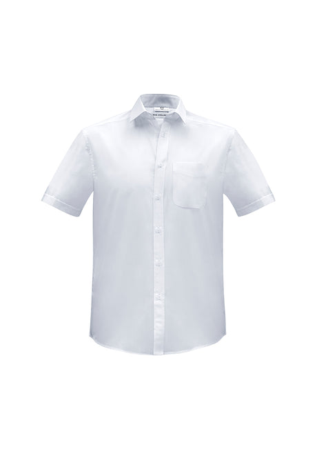 Men's Euro Short Sleeve Shirt in white, Size S, featuring a modern collar, chest pocket, and fine stripe fabric for stylish comfort.