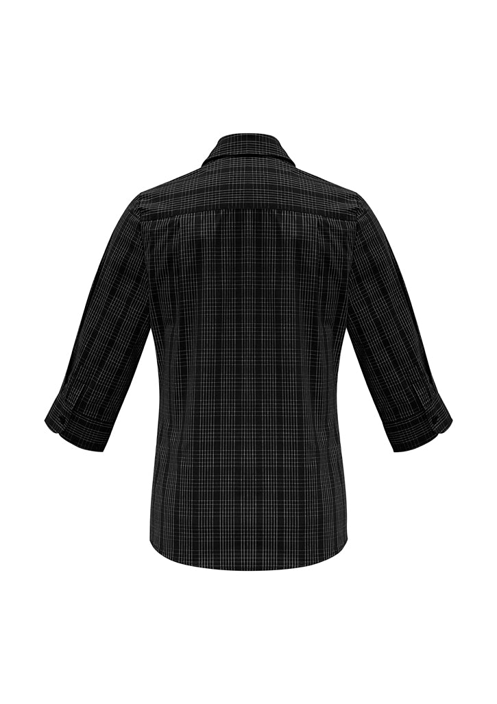 Ladies Harper 3/4 Sleeve Shirt in Black/Silver, Size 16, featuring a check fabric, feminine silhouette, and practical pocket.