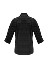 Ladies Harper 3/4 Sleeve Shirt in Black/Silver, Size 16, featuring a check fabric, feminine silhouette, and practical pocket.