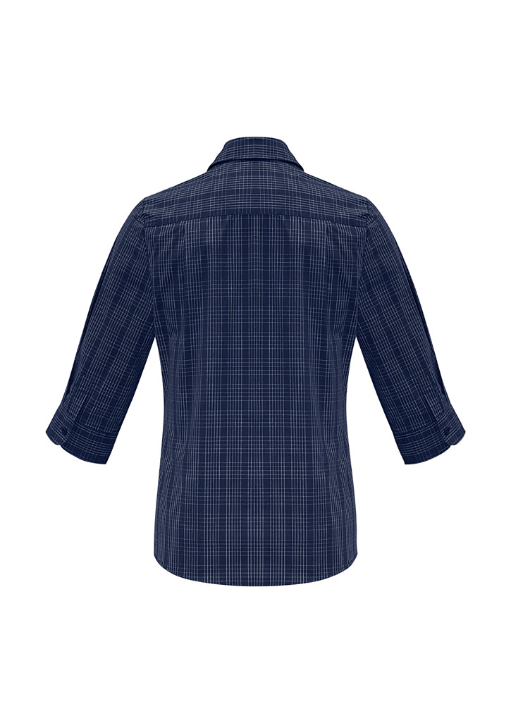 Ladies Harper 3/4 Sleeve Shirt in Ink/Silver, Size 24, featuring a check design, flattering darts, and a stylish curved hem.