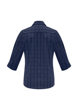Ladies Harper 3/4 Sleeve Shirt in Ink/Silver, Size 24, featuring a check design, flattering darts, and a stylish curved hem.