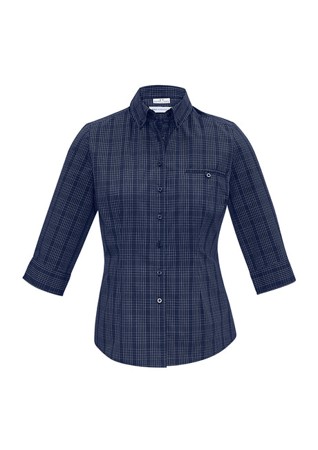 Ladies Harper 3/4 Sleeve Shirt in Ink/Silver, featuring feminine darts, UPF protection, and Prince Of Wales check pattern. Size 8.