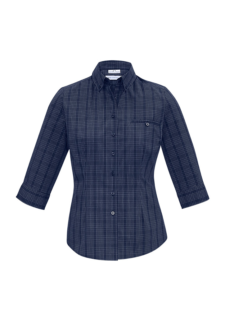Ladies Harper 3/4 Sleeve Shirt in Ink/Silver, Size 22, featuring a check pattern, darts for shaping, and UPF protection.