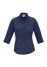 Ladies Harper 3/4 Sleeve Shirt in Ink/Silver, Size 22, featuring a check pattern, darts for shaping, and UPF protection.