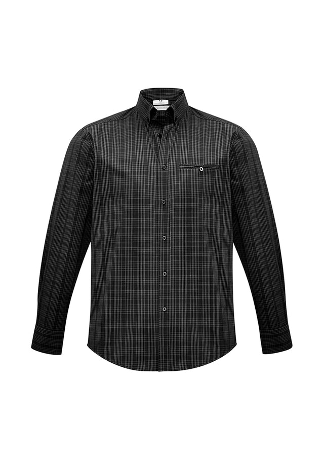 Mens Harper Long Sleeve Shirt in Black/Silver, tailored fit with UPF protection, check fabric, adjustable cuffs, and curved hem.