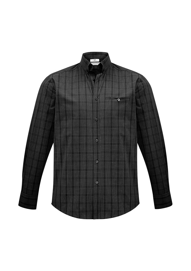 Men's Harper Long Sleeve Shirt in Black/Silver, featuring Prince Of Wales check, button-down collar, and adjustable cuffs.
