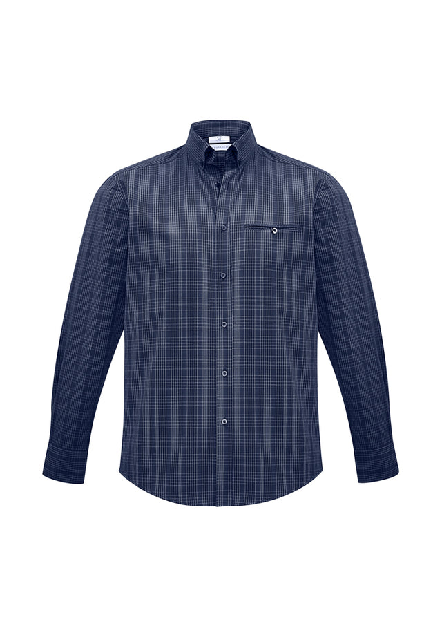 Men's Harper Long Sleeve Shirt in Ink/Silver, size S, featuring a button-down collar, check fabric, and functional design elements.