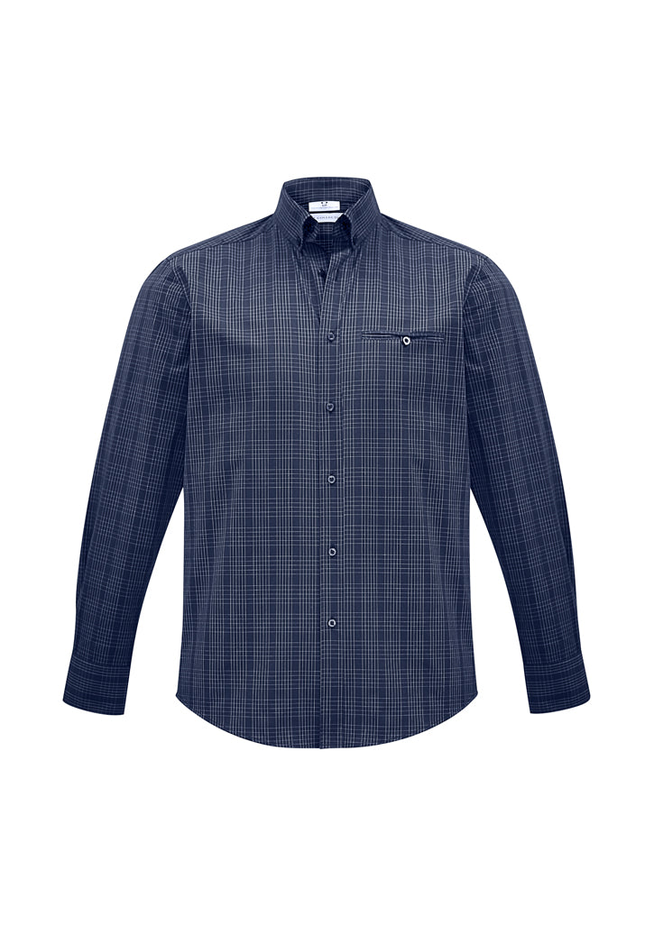 Men's Harper Long Sleeve Shirt in Ink/Silver, size 4XL, featuring stylish check fabric, button-down collar, and UPF protection.
