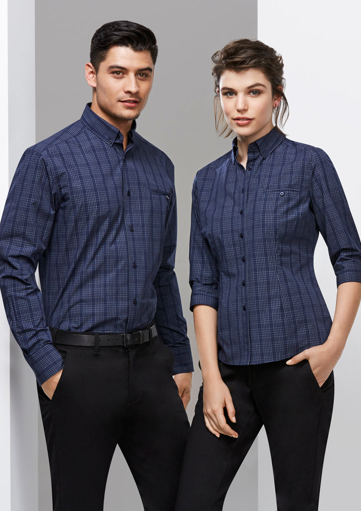 Men's Harper Long Sleeve Shirt in Ink/Silver, 4XL, features a check pattern, button-down collar, and UPF protection.