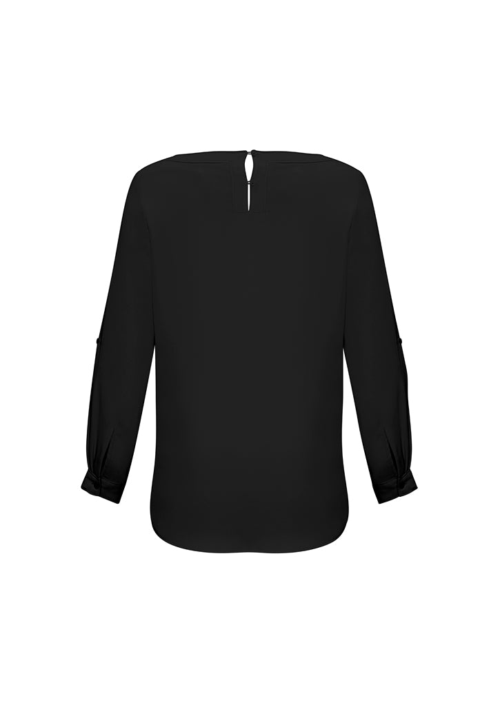 Ladies Madison Boatneck Blouse in Black, size 26, featuring a flattering boatneck design and versatile roll-up tab sleeves.
