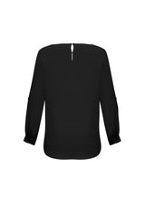 Elegant black boatneck blouse for women, size 24, featuring wrinkle-resistant fabric and versatile roll-up sleeves.