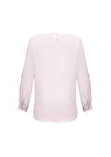 Ladies Madison Boatneck Blouse in blush pink, featuring roll-up sleeves and a flattering silhouette for versatile styling.