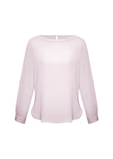 Ladies Madison Boatneck Blouse in Blush Pink, Size 26, featuring a stylish boatneck and roll-up sleeves for versatile wear.