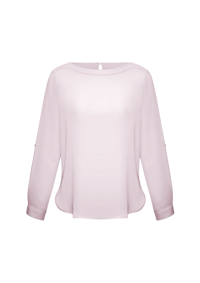 Blush pink Ladies Madison Boatneck Blouse, size 22, featuring a boat neck, roll-up sleeves, and a flattering silhouette.