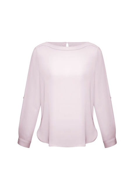 Blush pink boatneck blouse in size 18, featuring roll-up sleeves and a flattering silhouette for versatile styling.