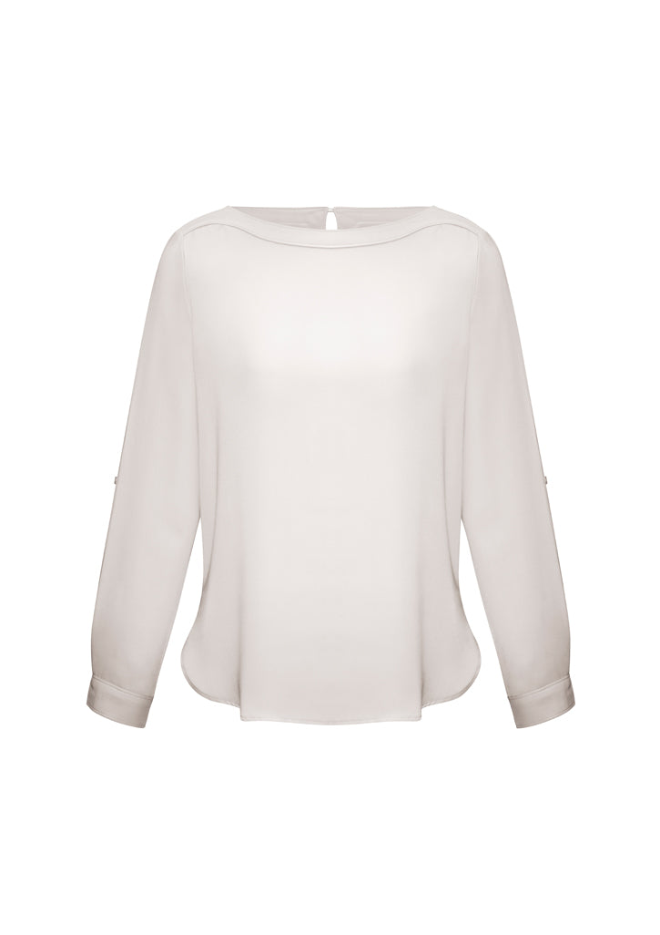 Ivory Ladies Madison Boatneck Blouse, size 14, featuring elegant design, wrinkle-resistant fabric, and chic roll-up sleeves.