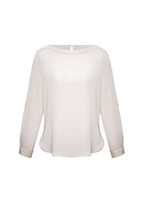 Elegant ivory Ladies Madison Boatneck Blouse in Size 12 featuring wrinkle-resistant fabric, boatneck detail, and roll-up tab sleeves.