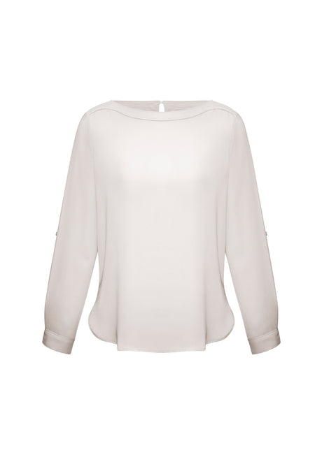 Ivory boatneck blouse for women, size 22, featuring roll-up sleeves and a flattering, wrinkle-resistant fit.