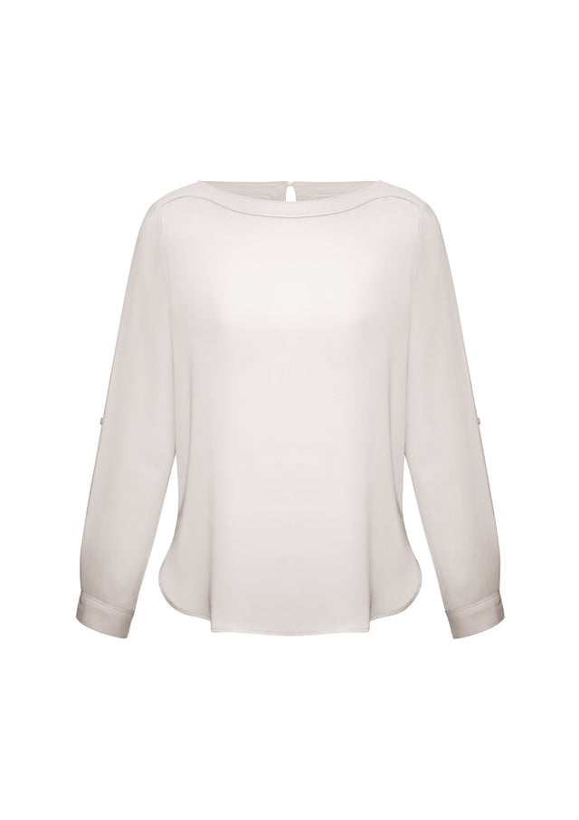 Ladies Madison Boatneck Blouse in Ivory, size 18, featuring wrinkle-resistant fabric, boatneck detail, and roll-up sleeves.