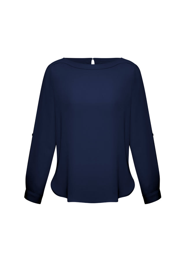 Ladies Madison Boatneck Blouse in Midnight Blue, size 24, featuring a flattering drape and versatile roll-up sleeves.