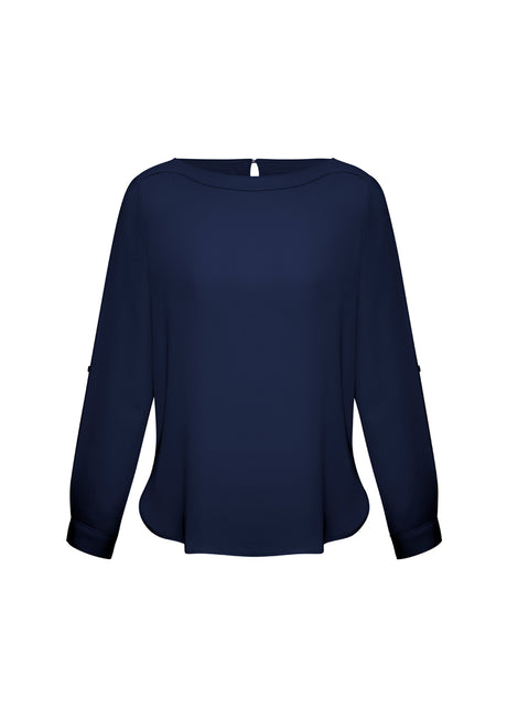 Midnight blue Ladies Madison Boatneck Blouse, size 26, featuring boatneck, roll-up sleeves, and wrinkle-resistant fabric.