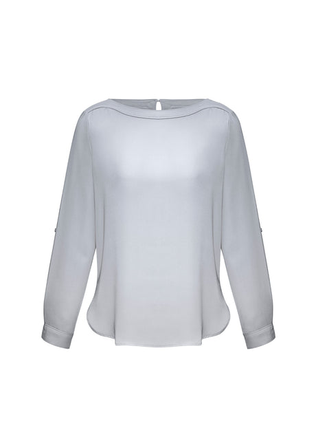 Stylish Ladies Madison Boatneck Blouse in Silver Mist, Size 8, featuring a chic boatneck and versatile roll-up sleeves.